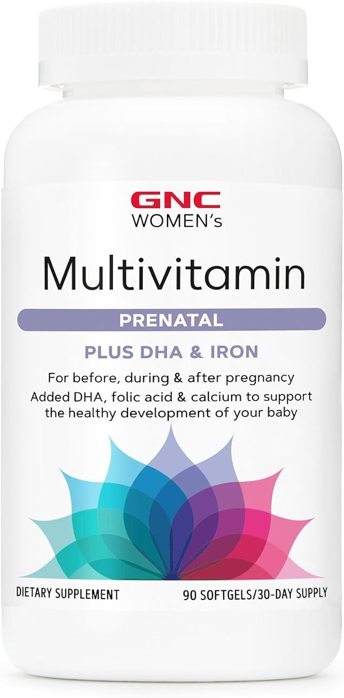 GNC Women's Prenatal Multivitamin Formula with DHA &amp Iron Support Pregnancy and Healthy Baby Development Essential Nutrients Folic Acid Zinc Calcium Plus B Vitamins 90 Softgels