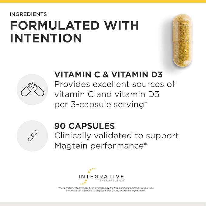 Integrative Therapeutics Magtein L-Threonate Plus - Cognitive Function Supplement to Support Short-Term Memory* - Includes Vitamins C D3 &amp Magnesium - Dairy &amp Gluten-Free - 90 Capsules (30 Se