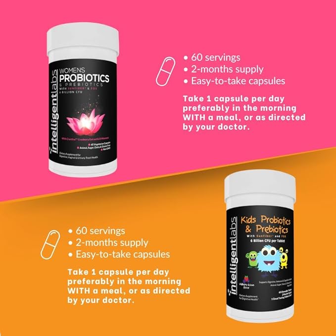 Intelligent Labs 2-in-1 Bundle of Kids’ Probiotics with Hydrolyzed Guar Gum and FOS + Women’s Probiotics (UTI Formula with Cranberry &amp D-Mannose) No Refrigeration Required 2 Months Supply Per Bo