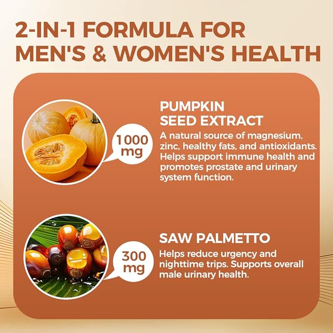 Nuriva Pumpkin Seed Oil with Saw Palmetto Capsules – 2-in-1 Formula Cold-Pressed Virgin Oil 300 Softgels | Essential Fatty Acids | Supports Hair Growth Bladder &amp Prostate Health | Non-GMO(1 PAC