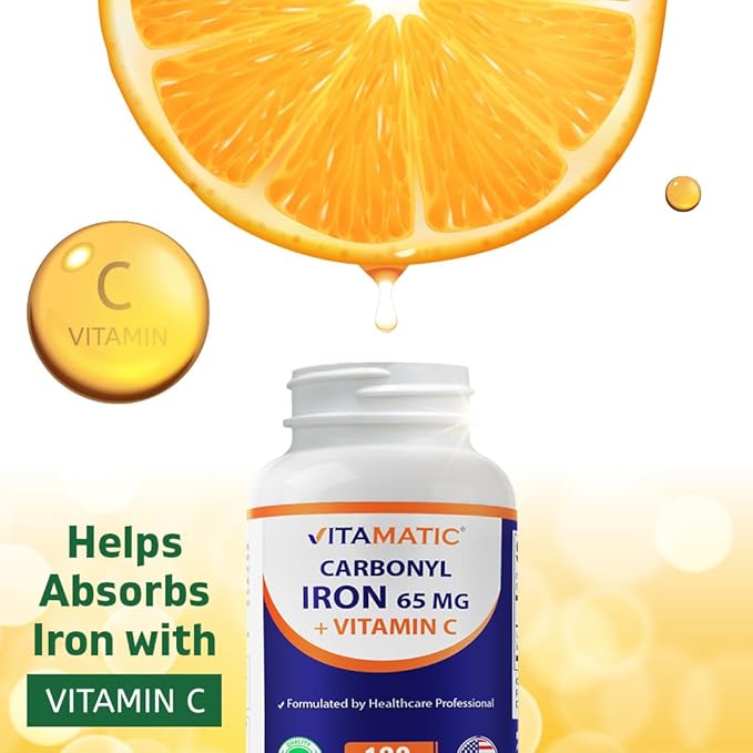 Vitamatic Carbonyl Iron 65 mg with Vitamin C – 120 Tablets - Gentle Iron Supplement for Energy &amp Immune Support – High Absorption – 2 Pack
