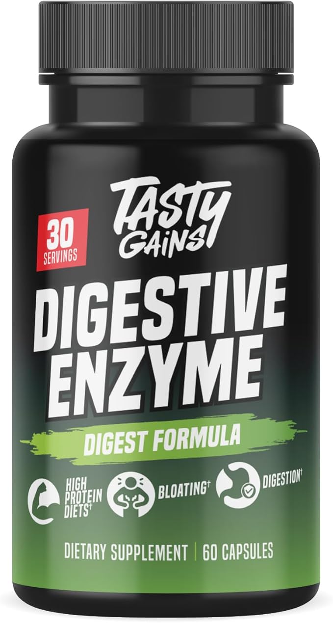 TASTY GAINS - Complete Digestive Enzymes Supplement for Gut Health - Bloating Relief for Men and Women - Enzymes for Digestion - Food Discomfort Relief &amp Debloat (60 Capsules)