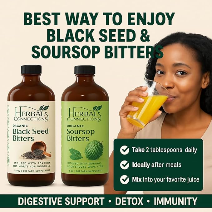 Herbal Connections Organic Soursop &amp Black Seed Bitters Bundle - Natural Plant-Based Ingredients for Gentle Detox &amp Digestive Health Two Bottles 32 Ounces (16 Ounces Each) 64 Servings