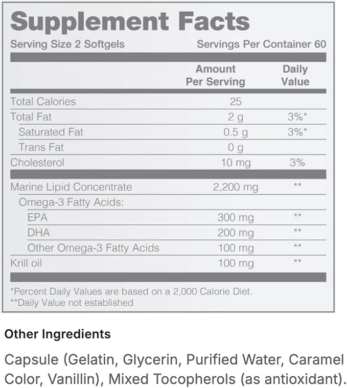 Marine Omega Omega-3 Fatty Acids &amp Krill Oil Supplement 1200mg DHA &amp EPA per Serving 120 Softgels Supports Heart Brain Joint &amp Overall Health