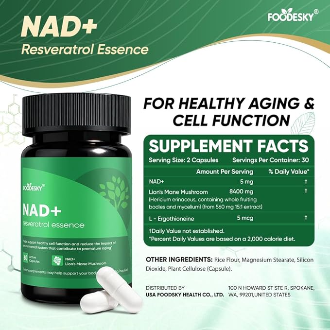 NAD+ Resveratrol Essence Capsules - 5mg NAD+ &amp Lion's Mane Mushroom - Supports Healthy Cell Function &amp Daily Wellness - 60 Active Dietary Capsules (1PCS)