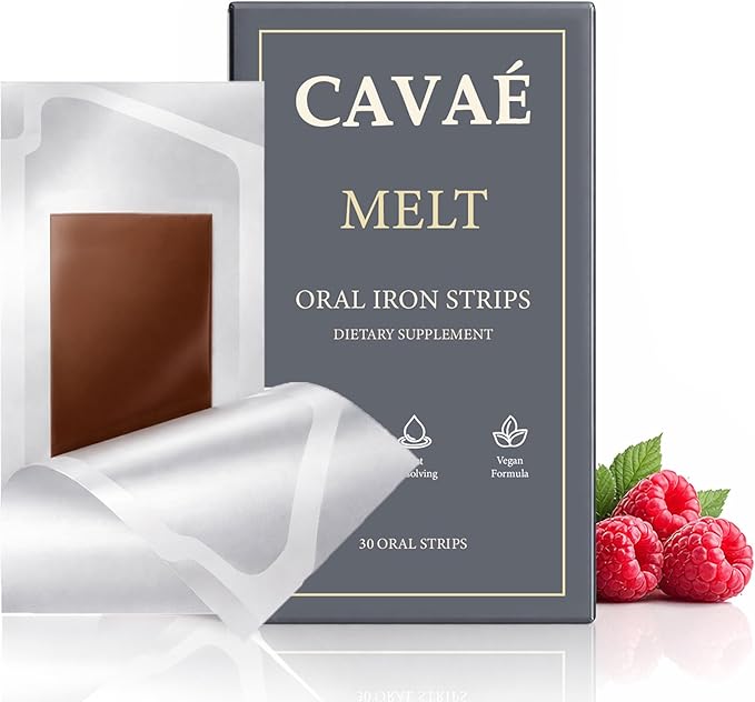 Cavae Oral Iron Strips Oral Dissolving Film 19 mg Iron Per Strip 30 Oral Iron Support for Energy Raspberry Flavor No Water Needed