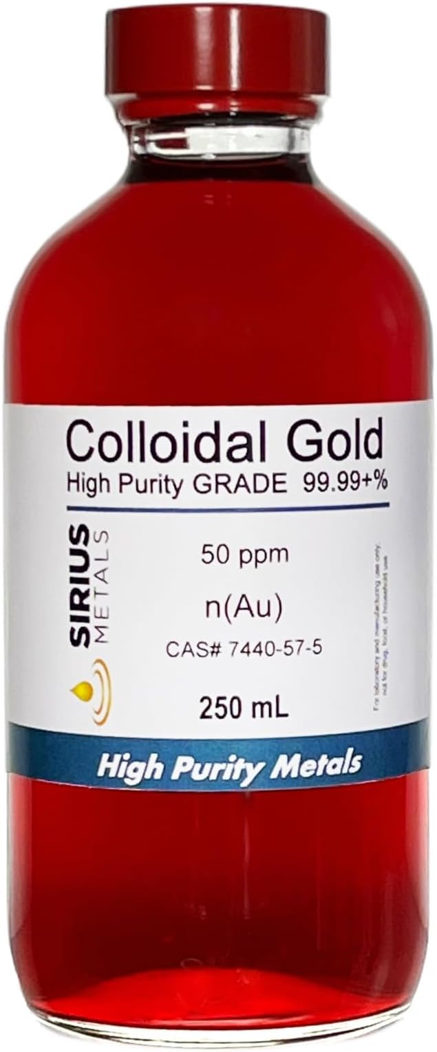 True Colloidal Gold – 50 ppm - 99.99+% Purity - 250 mL (8.45 Fl Oz) in Clear Glass Bottle - Made in USA