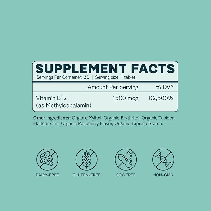 Ora Organic Vitamin B12 1500mcg - Plant-Based methylcobalamin for Adults - Natural Stimulant-Free Energy Raspberry Flavor chewable Tablets no Added Sugar - 30 Tablets (Pack of 2)