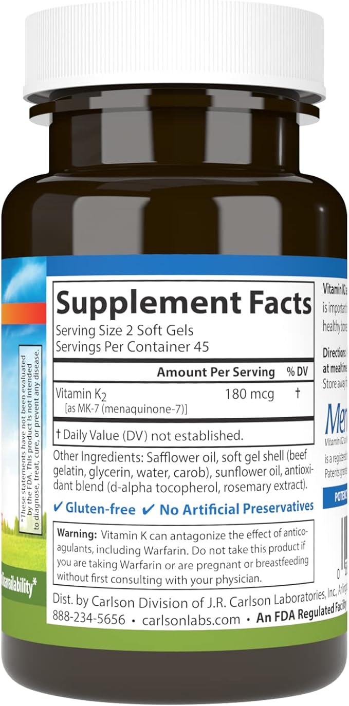 Carlson - Vitamin K2 MK-7 (Menaquinone) 180 mcg Bone Support Calcium Bioavailability K2 Vitamin Vitamin K-2 90 Softgels