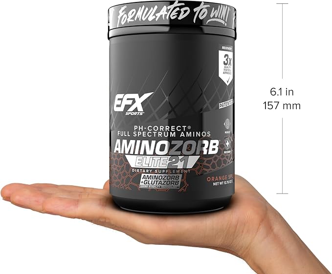 EFX Sports Aminozorb Elite 21 | PH-Correct Full Spectrum Aminos + Glutamine | Essential &amp Non Essential Aminos | Zero Sugars | 30 Servings (Orange Splash)