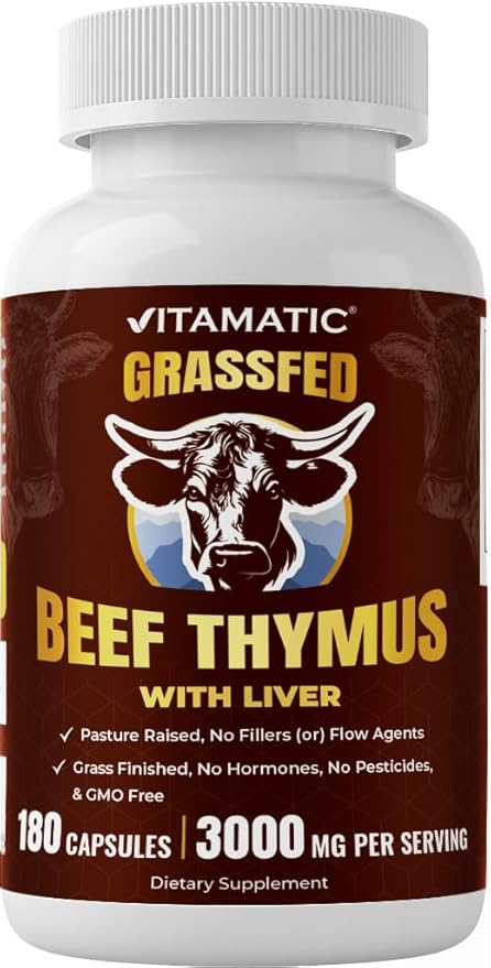 Vitamatic Grass-Fed Beef Thymus + Liver 180 Capsules – Freeze-Dried Non-GMO Bovine Liver Supplement – Pasture-Raised Glandular-Based Formula