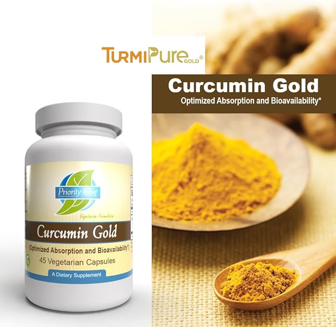 Priority One Vitamins Curcumin Gold 45 Vegetarian Capsules TurmiPure Gold™ is The World’s First bioequivalent Turmeric Extract*
