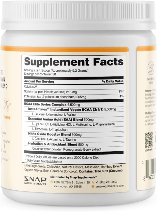 Snap Supplements BCAA Powder - 5g Vegan Branched Chain Amino Acids (2:1:1 Leucine Isoleucine Valine) + Essential Amino Acids with Nitric Oxide Booster 30 Servings Peach Mango