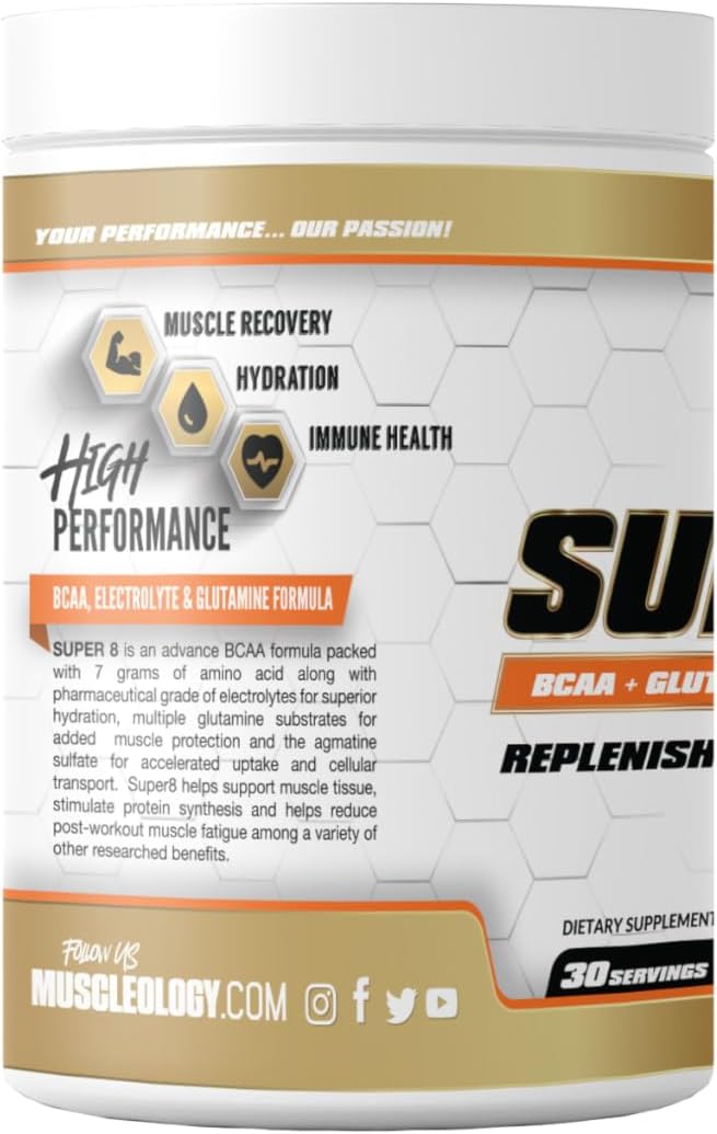 Super 8 High Performance BCAA Electrolyte &amp Glutamine Blend Formula - Post-Workout Recovery and Muscle Building Supplement 30 Serving (Maracuya)