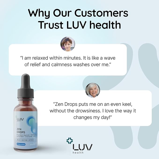 LUV health Zen Drops 3Pack: Stress &amp Anxiety Support Drops with Magnesium Glycinate Vitamin D3 Lemon Balm Chamomile Saffron L-Theanine. Keto Vegan USA Made Non-GMO 90 Servings
