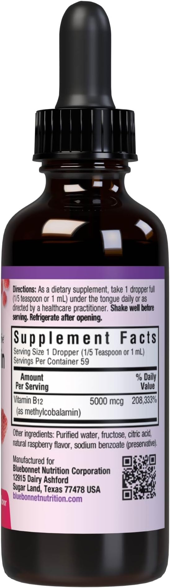 Bluebonnet Liquid Methylcobalamin Vitamin B12 5000 mcg Active Coenzyme Form of Vitamin B 12 Liquid Drops Energy Supplement for Women &amp Men - Vegan Gluten-Free - Raspberry Flavor - 2 Fl Oz