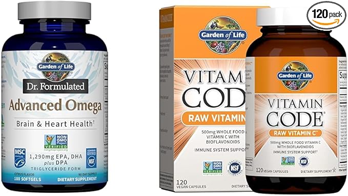 Garden of Life Dr. Formulated Advanced Omega Fish Oil &amp Raw Vitamin Code Vitamin C 120 Veg Capsules