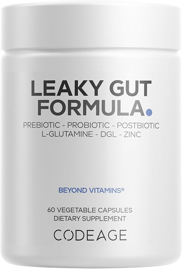 Codeage Leaky Gut Supplement L-Glutamine N-Acetylglucosamine Probiotic Butyric Acid Polyphenols Quercetin DGL Marshmallow Root Berberine BioPerine Cinnamon Vegan Non-GMO 60 Capsules