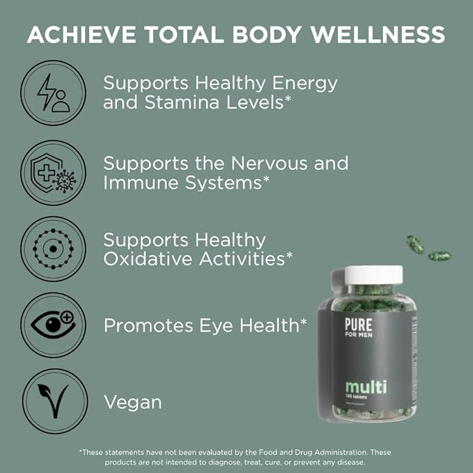Pure for Men Multivitamin Supplement | Energy Mood Support Strong Bones Antioxidants Minerals | Vitamins A B C D Magnesium Calcium | 42 Fruit &amp Vegetable Proprietary Blend | 120 Vegan Tab