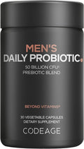 Codeage Men’s Daily Probiotic Supplement - 50 Billion CFU Probiotic Blend with Zinc Inulin Prebiotic Saw Palmetto – Men’s Wellness Support – 1 Capsule Per Serving - Non-GMO – 30 Capsules