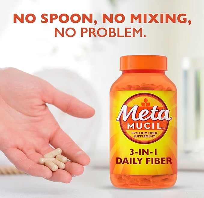 Metamucil 3-in-1 Fiber Capsules Daily Psyllium Husk Fiber Supplement for Digestive Health Plant Based Fiber Supplement 340 Capsules (Pack of 1)