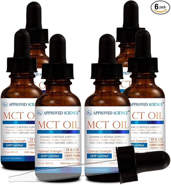 Approved Science® MCT Oil - Pure Medium-Chain Triglyceride (MCT) Oil derived from Coconuts with Caprylic Acid (C8) and Capric Acid (C10) - Vegan 60 ml - Pack of 6