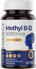 OxyEnergy Methyl Vitamin B12 5000mcg Extra Strength Methylcobalamin B-12 Supplements with Folate Support Nerves Energy Metabolism &amp Cognitive60 Capsules