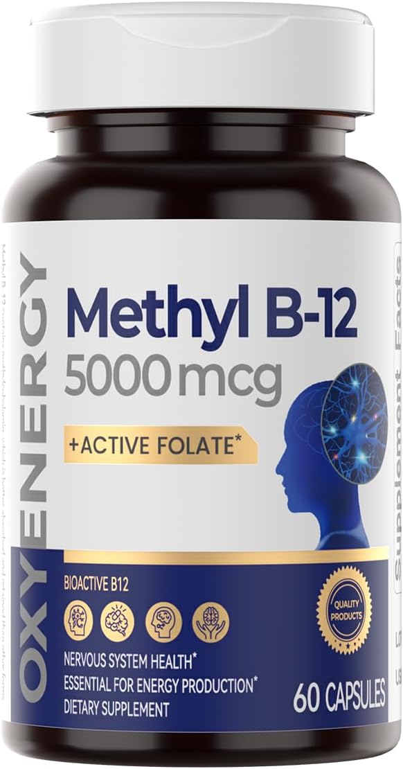 OxyEnergy Methyl Vitamin B12 5000mcg Extra Strength Methylcobalamin B-12 Supplements with Folate Support Nerves Energy Metabolism &amp Cognitive60 Capsules