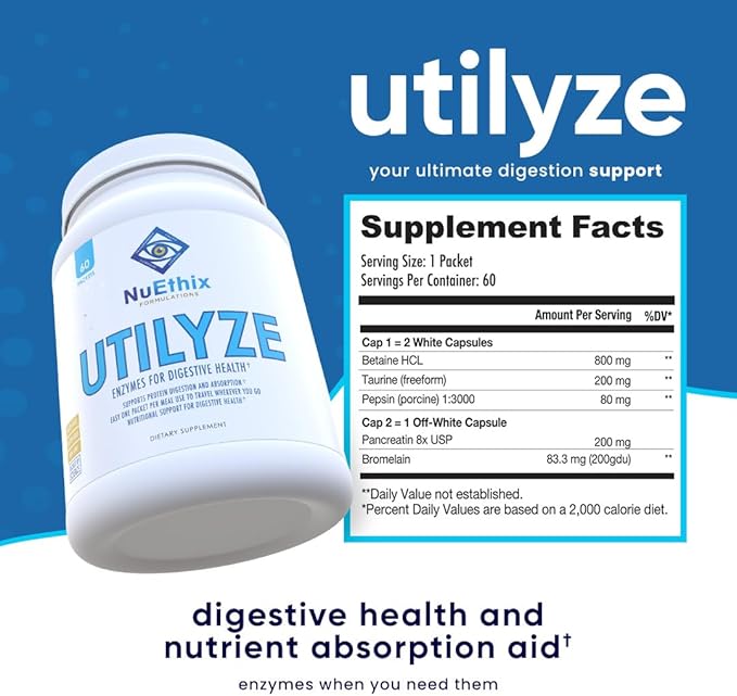 NuEthix Formulations Utilyze Enzymes for Digestive Wellness Dietary Supplement for Nutrient Absorption 60 Travel Packets