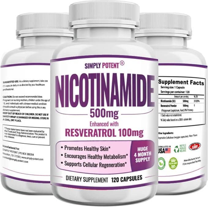 Simply Potent Nicotinamide 500mg with Resveratrol 100mg - 120 Veggie Capsules - Vitamin B3 Supplement Pills to Support NAD Skin Cell Health &amp Energy