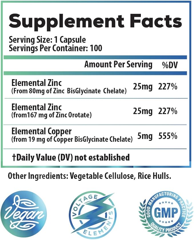 Zinc Bisglycinate + Orotate 245mg with Copper Chelate: Muscle &amp Skin Health Hormone Balance - Elemental Zinc 50mg (100 Servings) Vegan