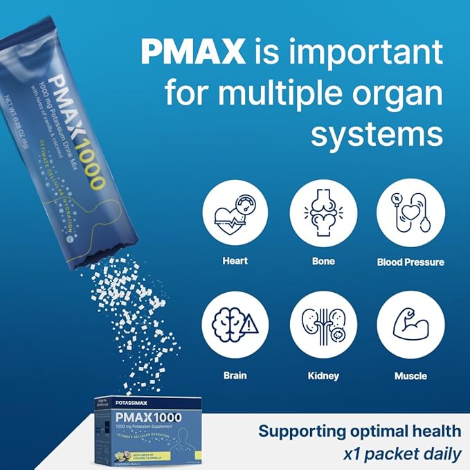 PMAX1000 High Dose Pure Potassium Electrolyte Supplement Powder 1000mg 4-Type Potassium Blend-Citrate Gluconate BicarbonateChloride Supports Healthy Blood Pressure Heart Kidneys Bones Muscles