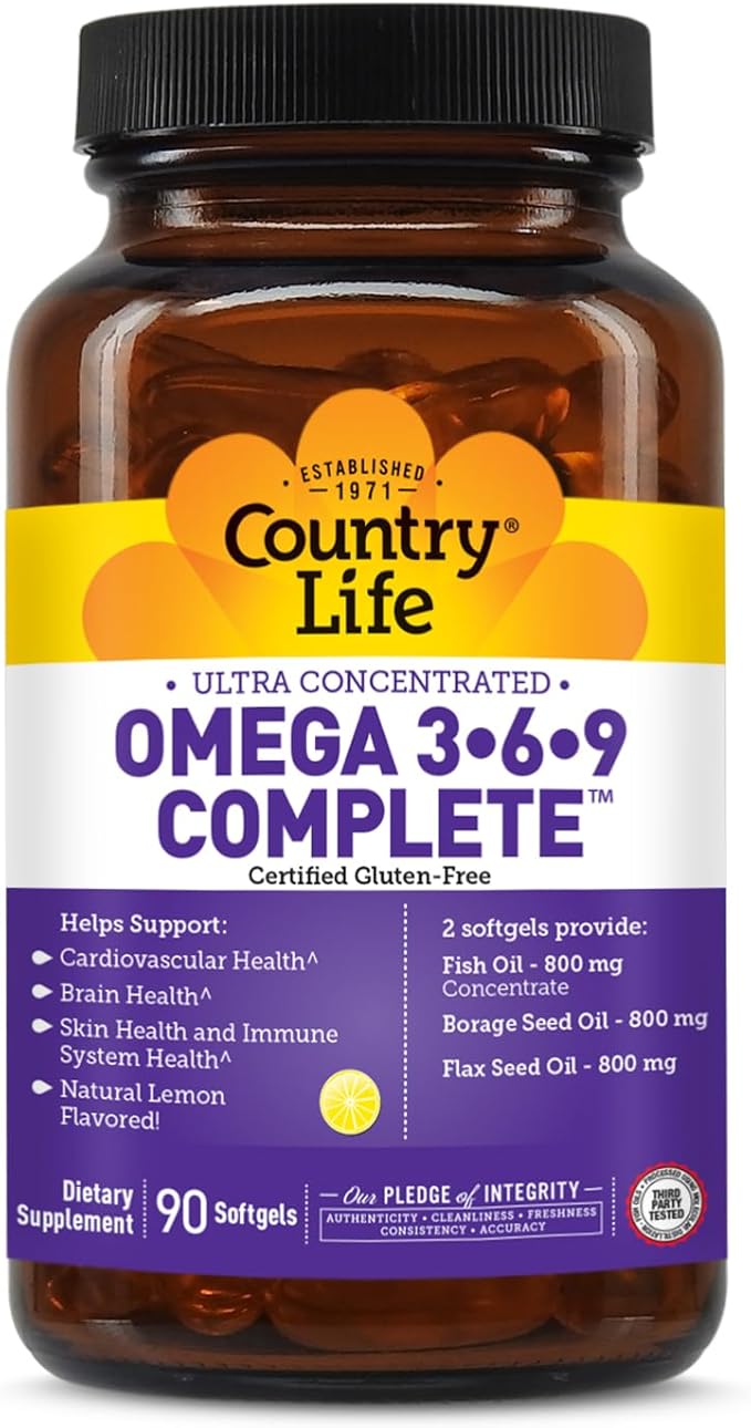 Country Life Omega 3-6-9 Complete Supplement - 1534mg Omega Fatty Acids - Supports Cardiovascular Brain Skin &amp Immune Health - Certified Gluten Free Non-GMO - 90 Softgels
