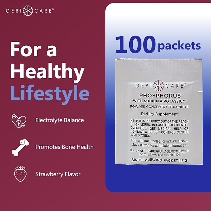 GeriCare Phosphorus Supplement Powder Packets Strawberry Flavor Supports Bone Strength &amp Energy Metabolism Nerve and Muscle Support Electrolyte Mineral Supplement 1.5g Each Packet (Box of 10
