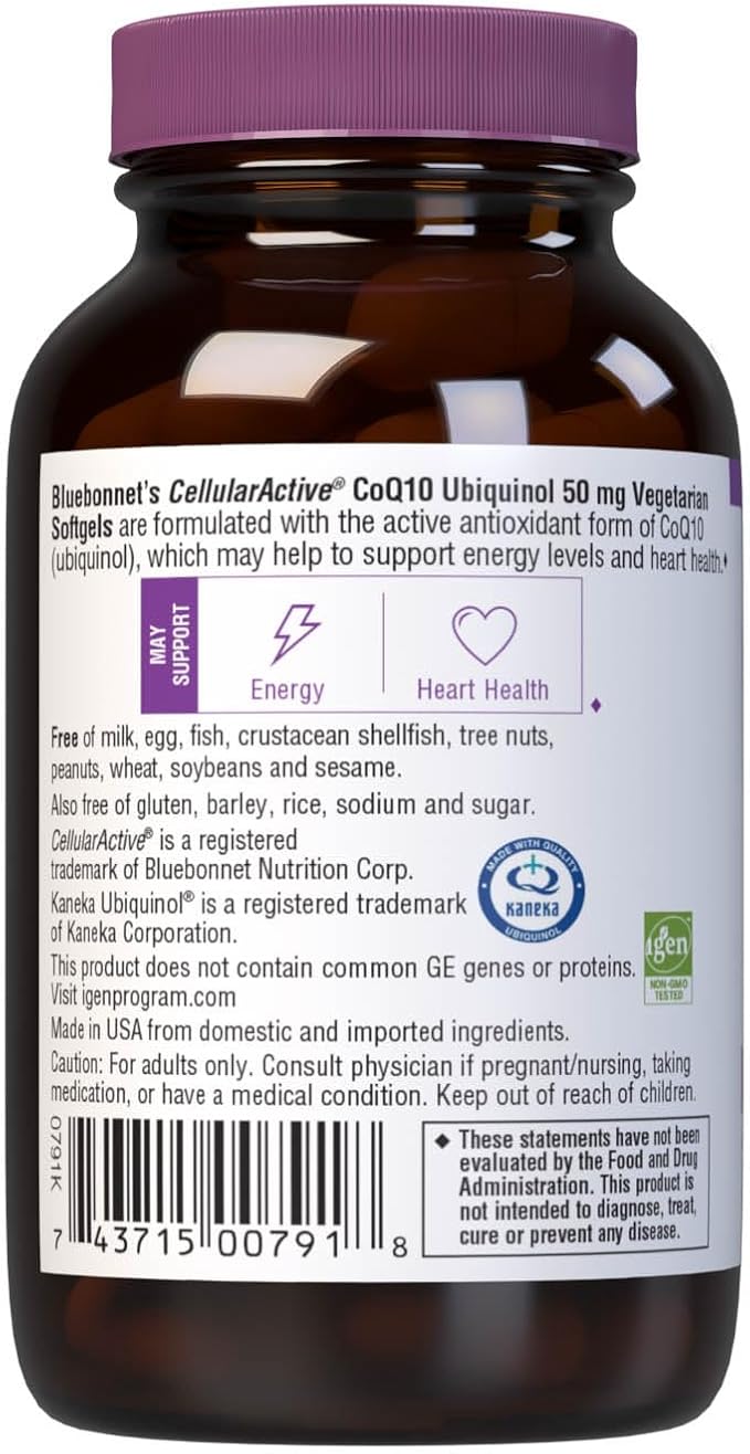 Bluebonnet Nutrition Cellular Active CoQ10 Ubiquinol 50 mg Vegetarian Softgels Heart Health &amp Cellular Health Ubiquinol from Kaneka Non GMO Gluten Free Soy Free Milk Free 60 Vegetarian Soft