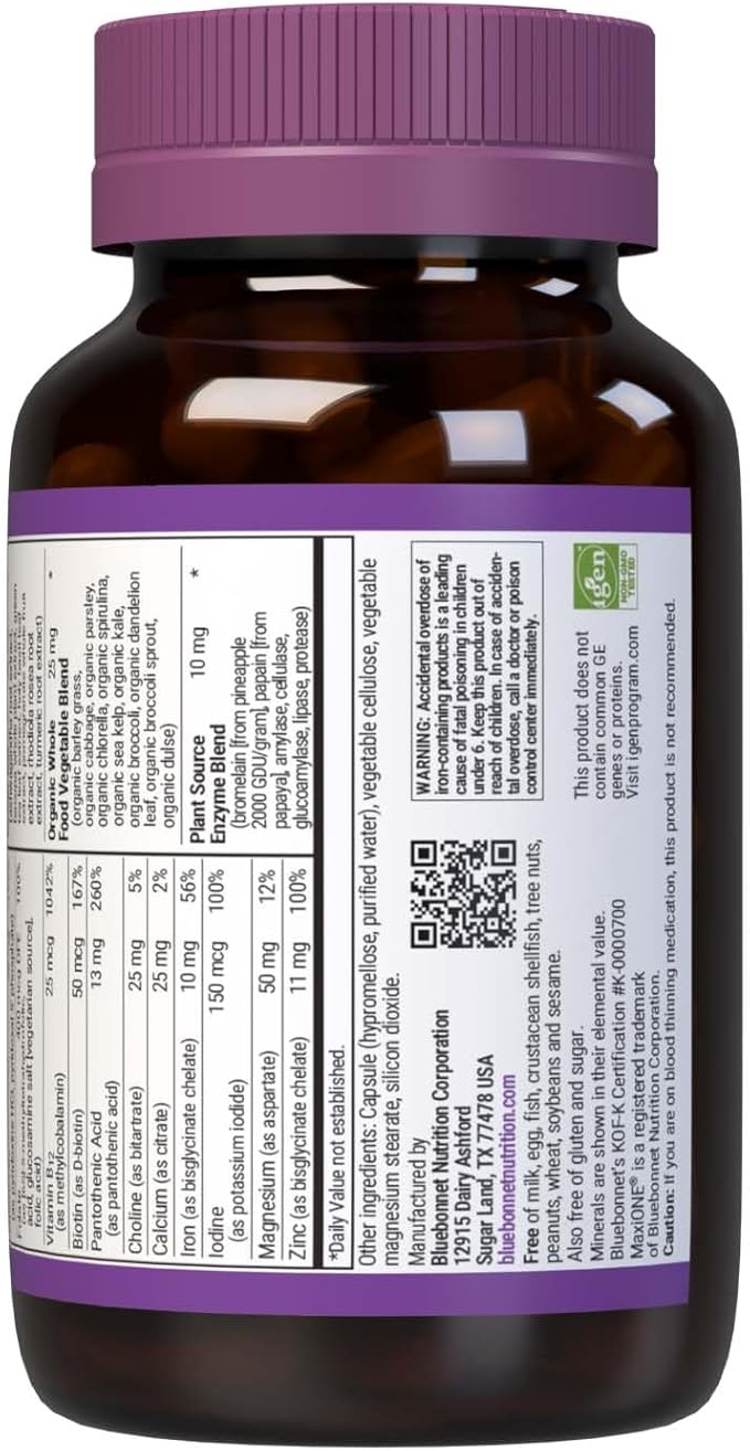 Bluebonnet Nutrition Maxi One (with Iron) Whole Food Multiple Enzymes Energy Vitality Gluten &amp Dairy &amp Soy Free Kosher Vegetarian Friendly Non-GMO 2 Month Supply Beige 60 Count