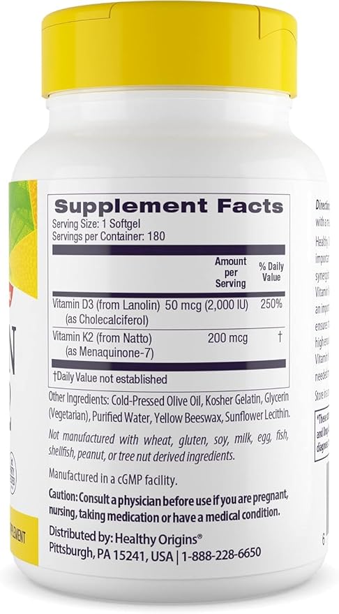 Healthy Origins Vitamin D3 2000 IU (50 mcg) &amp Vitamin K2 200 mcg (MK-7) 180 Liquid Softgels - High Potency Synergy for Calcium Absorption