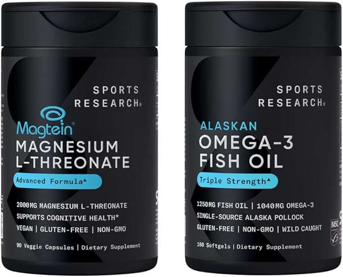Sports Research® Cognitive Health Pack - Triple Strength Omega 3 Fish Oil - Burpless Fish Oil Supplement w/EPA &amp DHA Fatty Acids &amp Magtein Magnesium L-Threonate Supplement for Memory Focus S