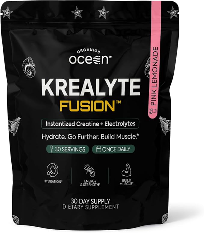 Organics Ocean Krealyte Fusion - Instantized Creatine Monohydrate Powder with Electrolytes - Muscle Strength Endurance &amp Hydration Support - Vegan Sugar-Free Pink Lemonade Flavor - 30 Servings