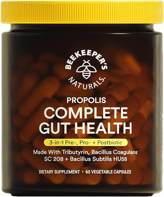 Complete Gut Health by Beekeeper's Naturals 3-in-1 Prebiotic Postbiotic Probiotics for Digestive Health &amp Bloating Relief for Women &amp Men Propolis Powered Gluten-Free Vegan Capsules 60ct