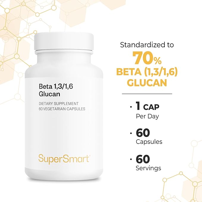 Supersmart - Beta Glucan Supplement 250mg per Day (High Strength) - Beta 1.3/1.6 Glucans - Saccharomyces Cerevisiae Extract | Non-GMO &amp Gluten Free - 60 Vegetarian Capsules