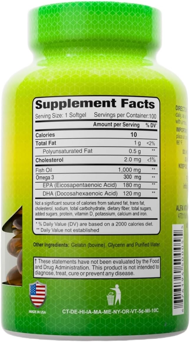 ALFA VITAMINS Omega 3 Fish Oil 1000mg Supplement Supports Heart Health Brain Function Joint Mobility &amp Skin Hydration 300mg Omega-3 180mg EPA 120mg DHA 100 Softgels per Bottle 4 Pack