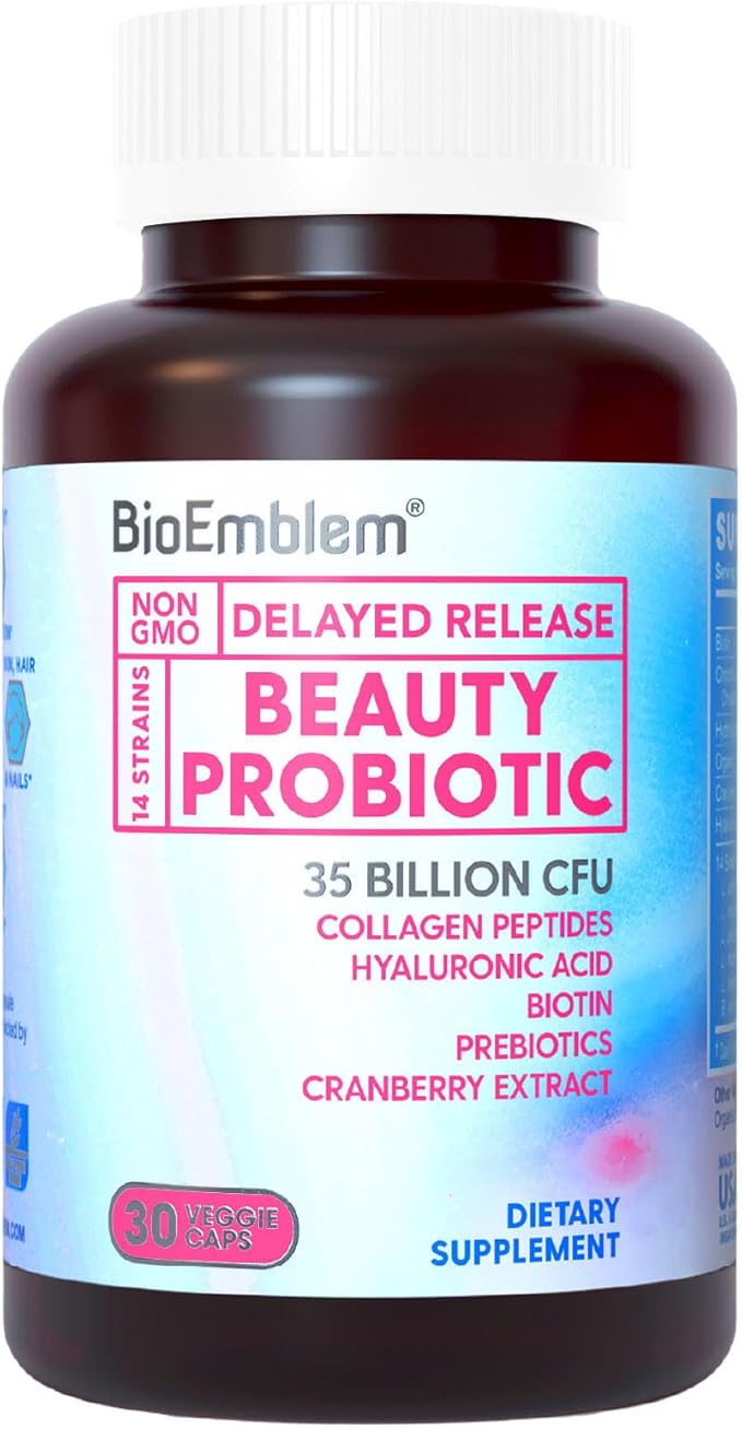 BioEmblem Beauty Probiotics for Women 35 Billion CFU 14 Strains with Biotin Collagen Prebiotics for Digestive Health Hair Skin and Nails Vaginal Probiotics Supplement Shelf Stable 30 Caps