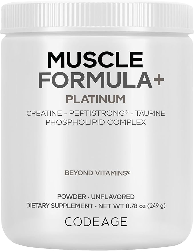 Codeage Muscle Formula+ Platinum Supplement - Creatine Monohydrate PeptiStrong Fava Bean Protein Hydrolysate Taurine Vitamin D3 Liposomal Delivery - Non-GMO - Unflavored Protein Powder - 8.78 Oz