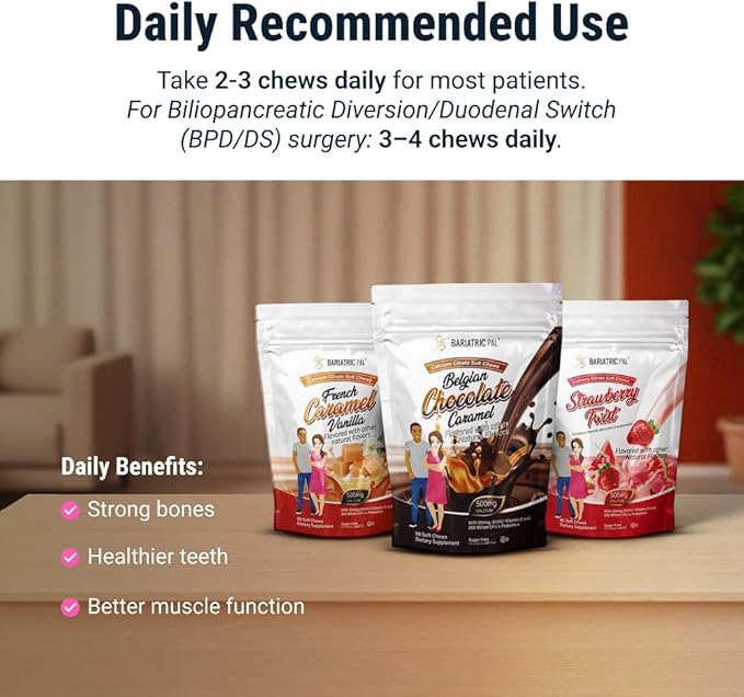 BariatricPal Sugar-Free Calcium Citrate Soft Chews | 500mg with Vitamin D &amp Probiotics | Piña Colada | 90 Count (1 Month Supply)