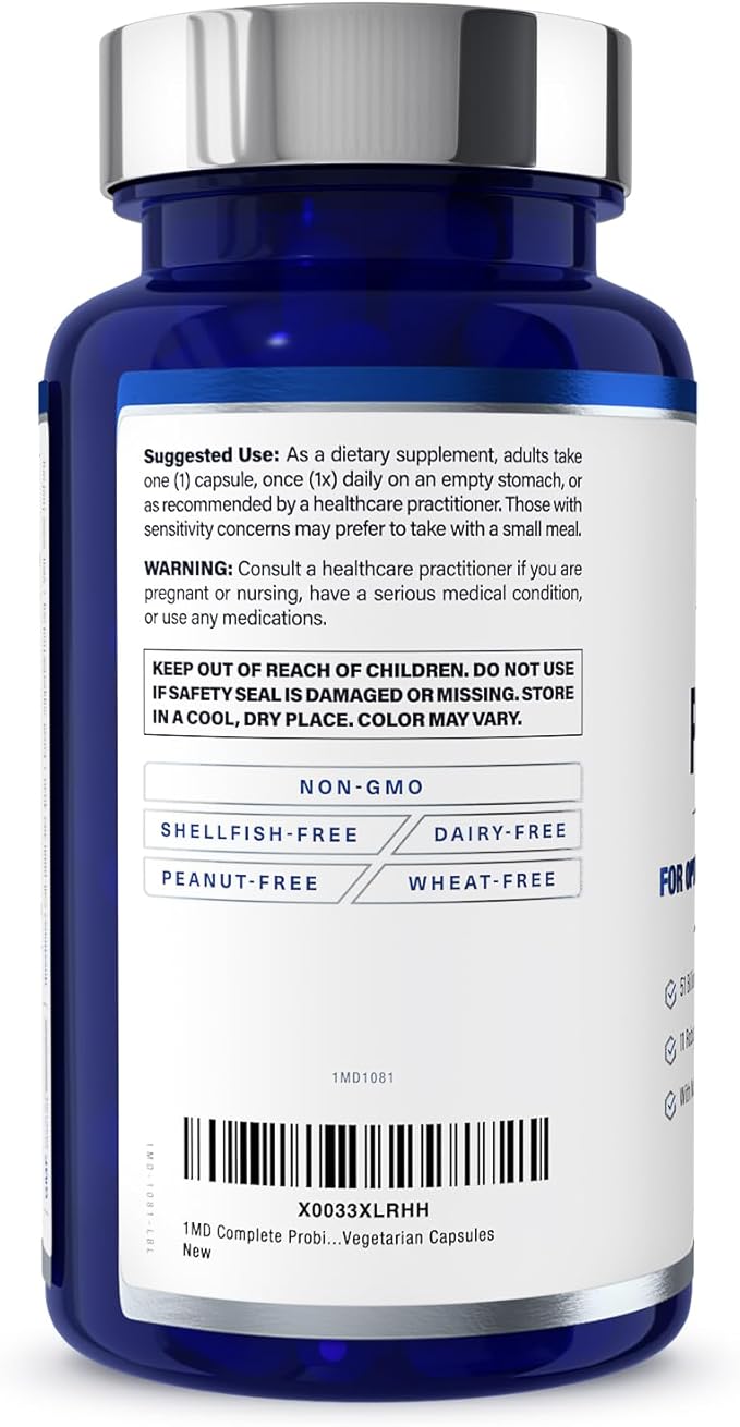 1MD Nutrition Complete Probiotics Platinum - w/Prebiotics and Probiotics for Digestive Health - Probiotic Supplement for Women &amp Men - More Than 50 Billion Live CFU 11 Strains Dairy-Free - 30 Caps