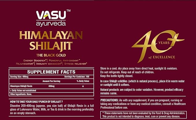 VASU Ayurveda Himalayan Shilajit Resin 400mg – Lab Tested Natural Energy Booster with Fulvic Acid &amp 85+ Trace Minerals – Pure Shilajit for Men &amp Women – 100 Days Supply for Strength &amp Stam