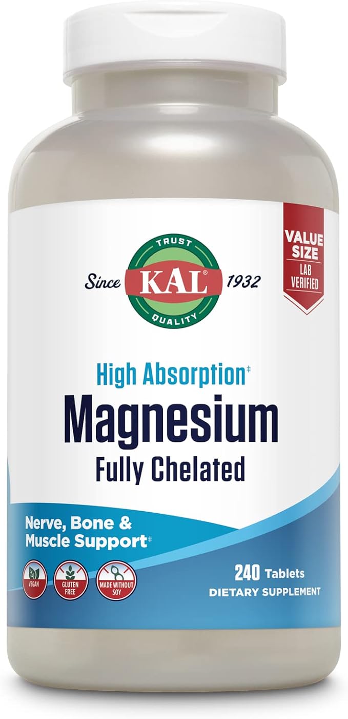 KAL Magnesium Glycinate Tablets Fully Chelated High Absorption Formula with Magnesium Bisglycinate Chelate for Nerve Muscle &amp Bone Health Support Vegan Gluten Free Value Size 240 Tablets