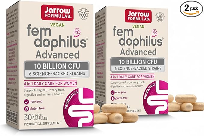 Jarrow Formulas Fem-Dophilus Advanced Vaginal &amp Digestive Probiotics 10 Billion CFU for Vaginal Urinary Tract Digestive &amp Immune Support 30 Capsules (Pack of 2)