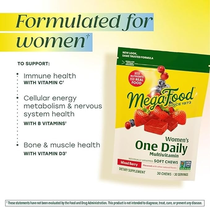 MegaFood Multivitamin for Women One Daily Multivitamins Soft Chews with Folate Methylated B12 Vitamin B6 Biotin Vitamin D3 C &amp A - Mixed Berry Flavor - Vegetarian Non-GMO - 30 Chews 2 Pac